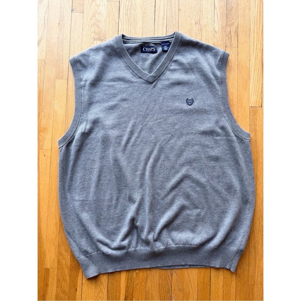 Chaps 100% Cotton Men’s V-Neck Gray Sweater Vest Golf Preppy